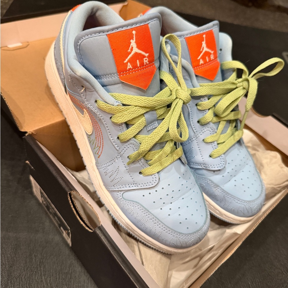 Nike Air Jordan woman's ' Light Blue Low-Top Sneakers with Lime Laces